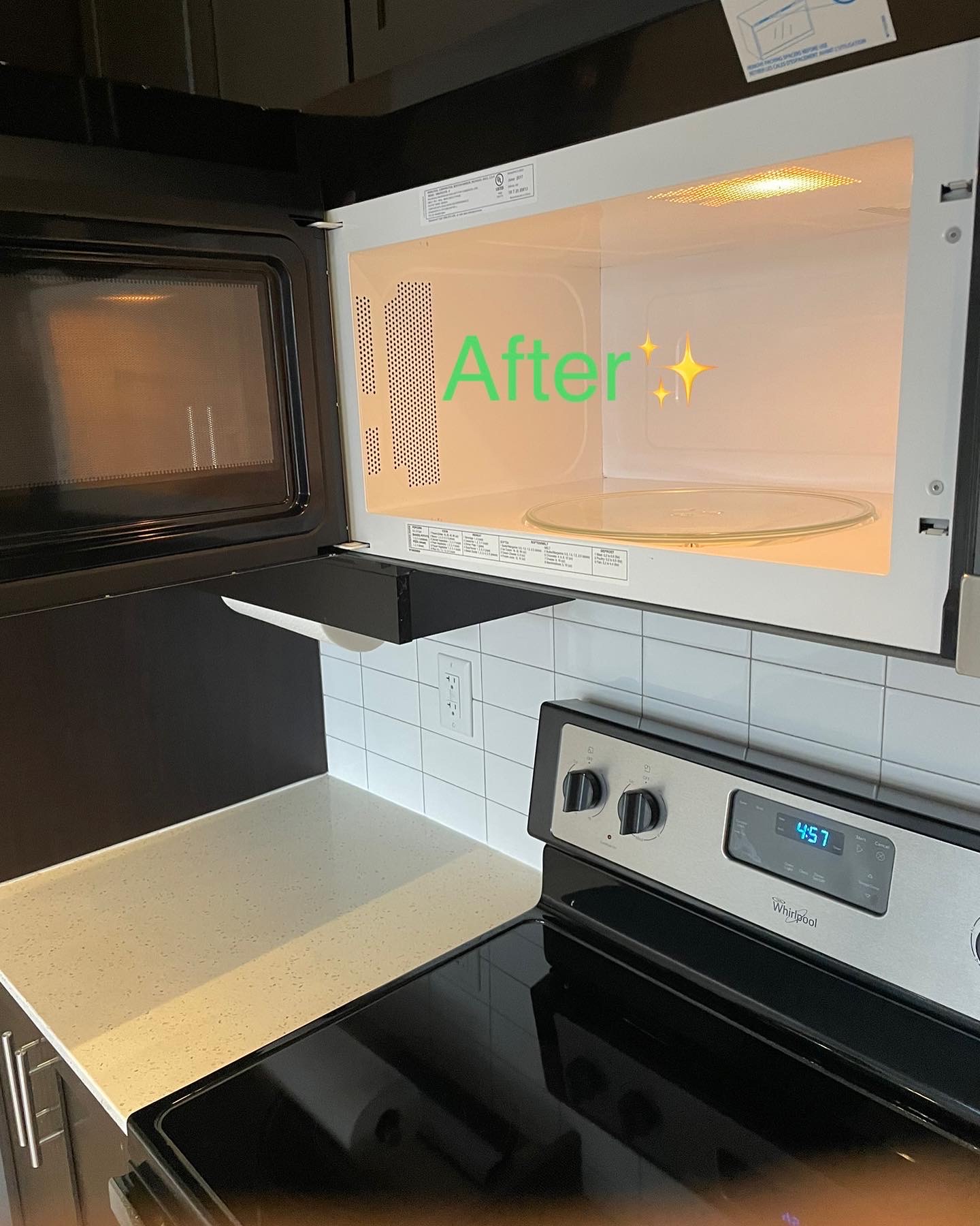 Same microwave after Tidy Guys clean — spotless interior